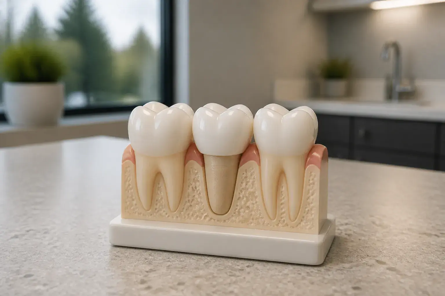 Polished dental crown and clean tooth model on a countertop