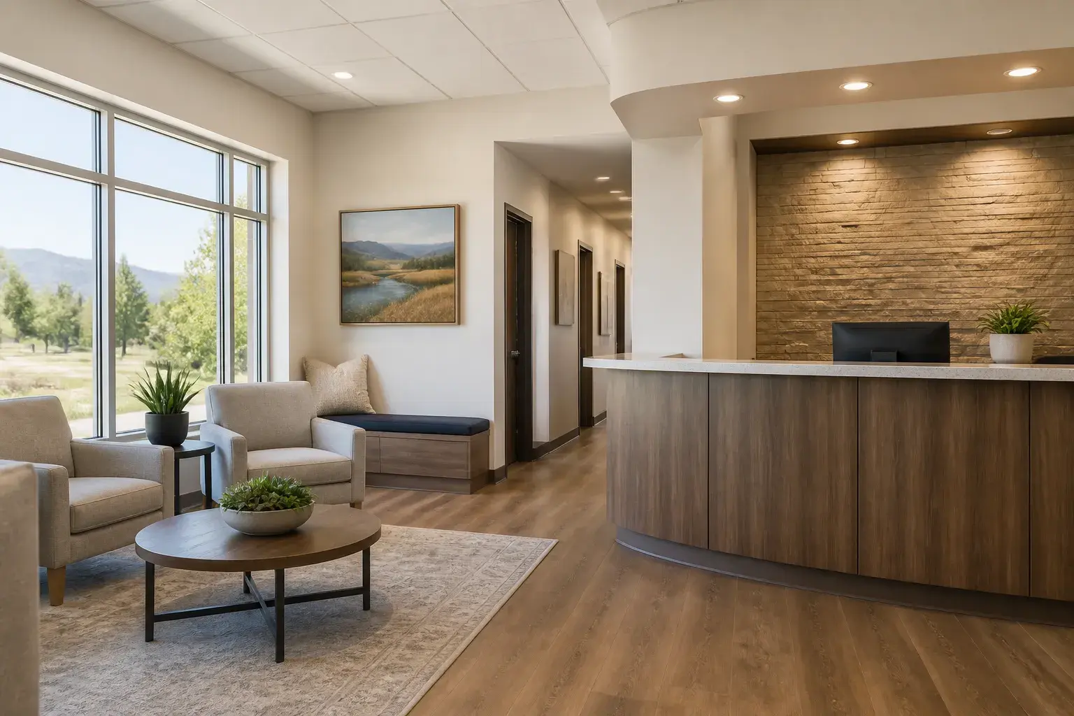 Spotless Boise dentistry reception with soft daylight and clean seating