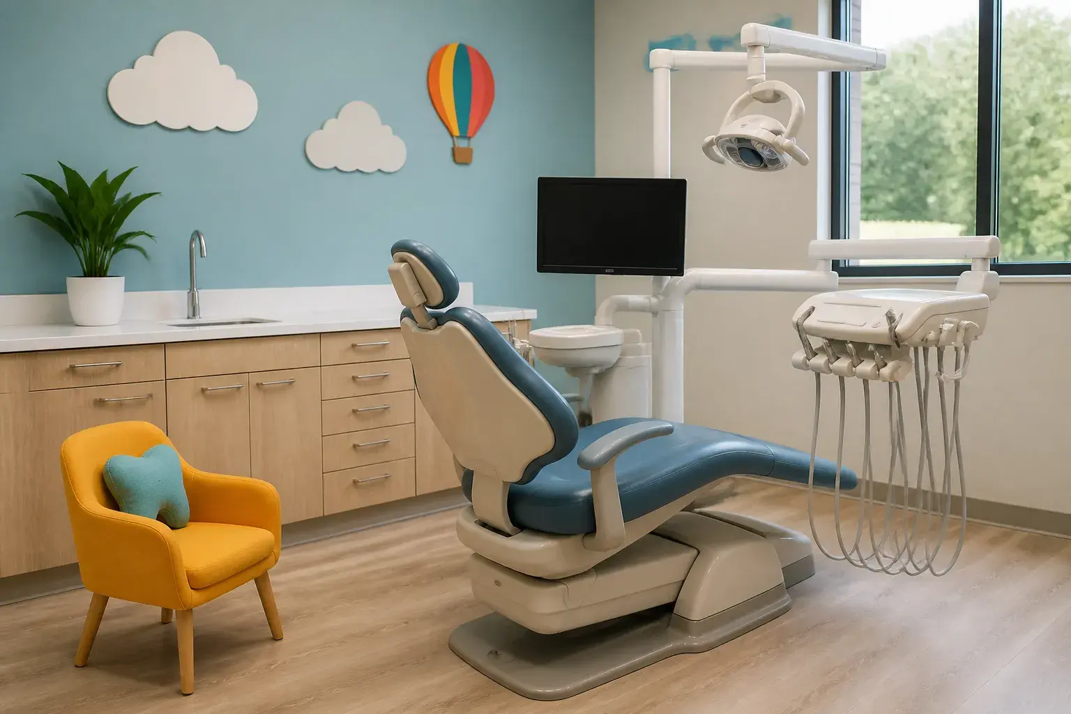 Welcoming children’s dentistry room with a small colorful chair
